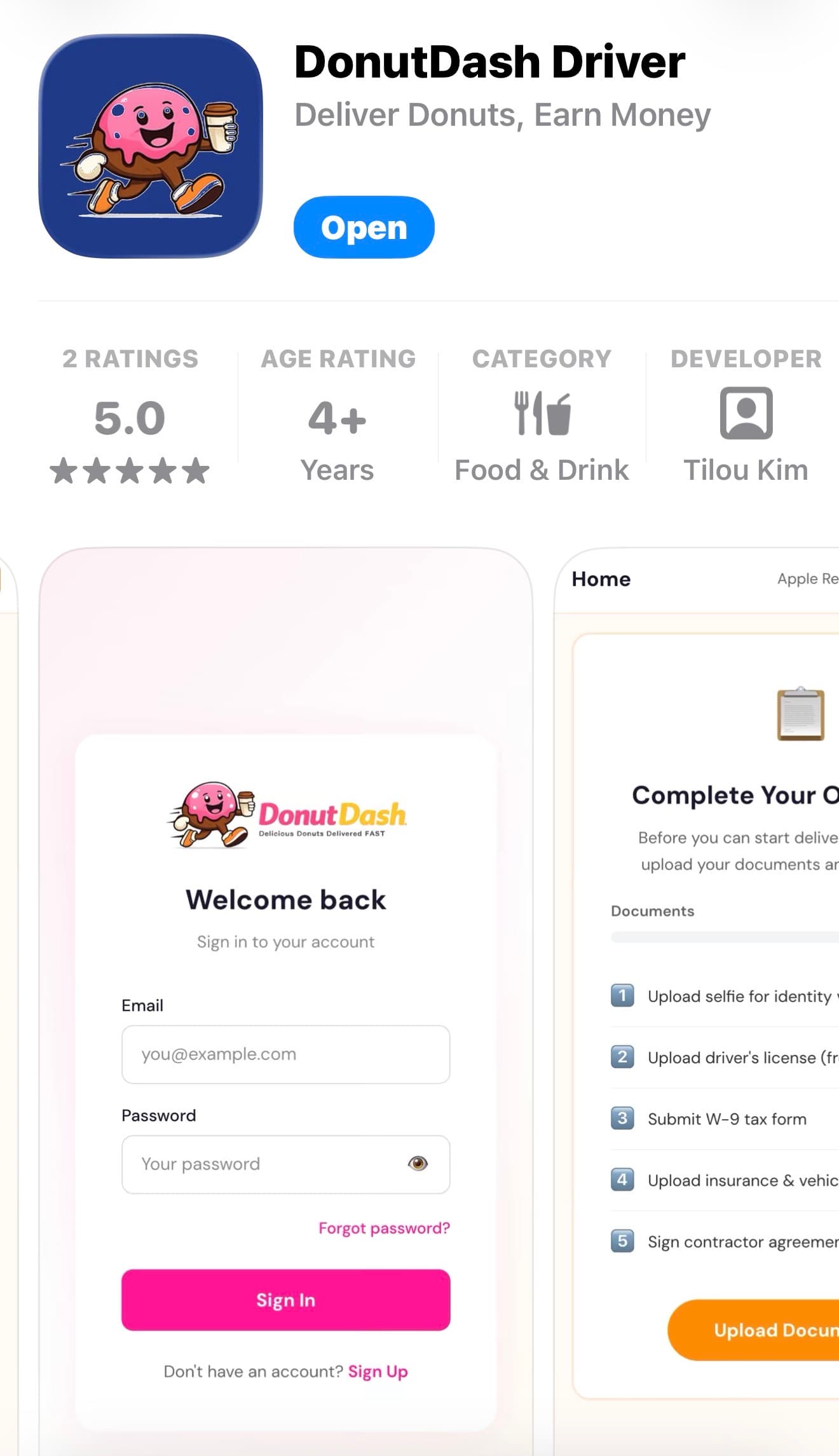 DonutDash Driver app — App Store listing showing app icon, 5.0 rating, and preview screens