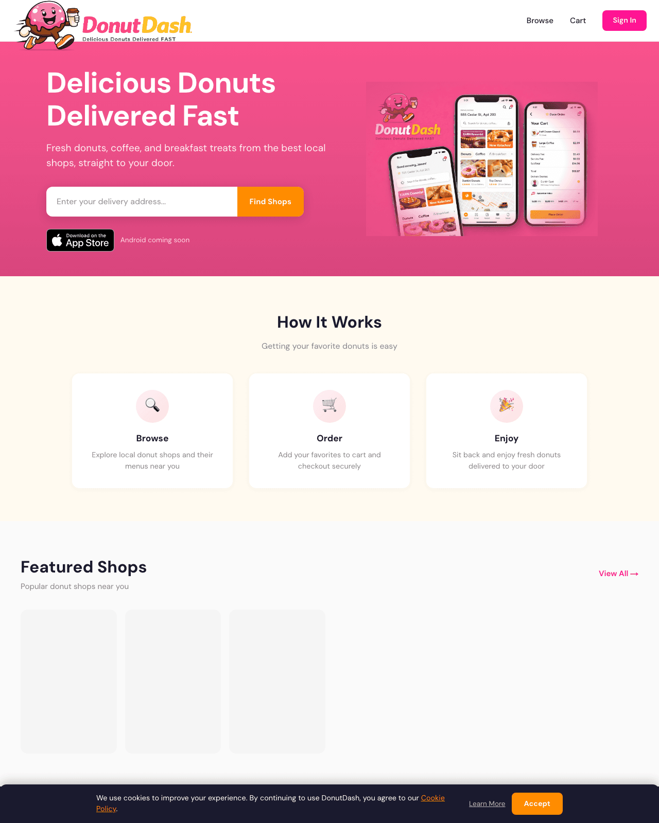 donutdash.app — consumer delivery web app showing the homepage with hero, How It Works, and Featured Shops